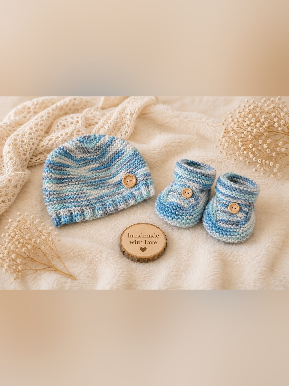 Handmade Blue & White Baby Beanie and Booties Set